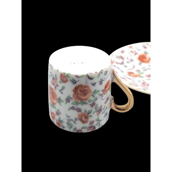Demitasse Teacup & Saucer By Norcrest CF351 Red Rose Gold Trim Expresso Vintage - Picture 8 of 11